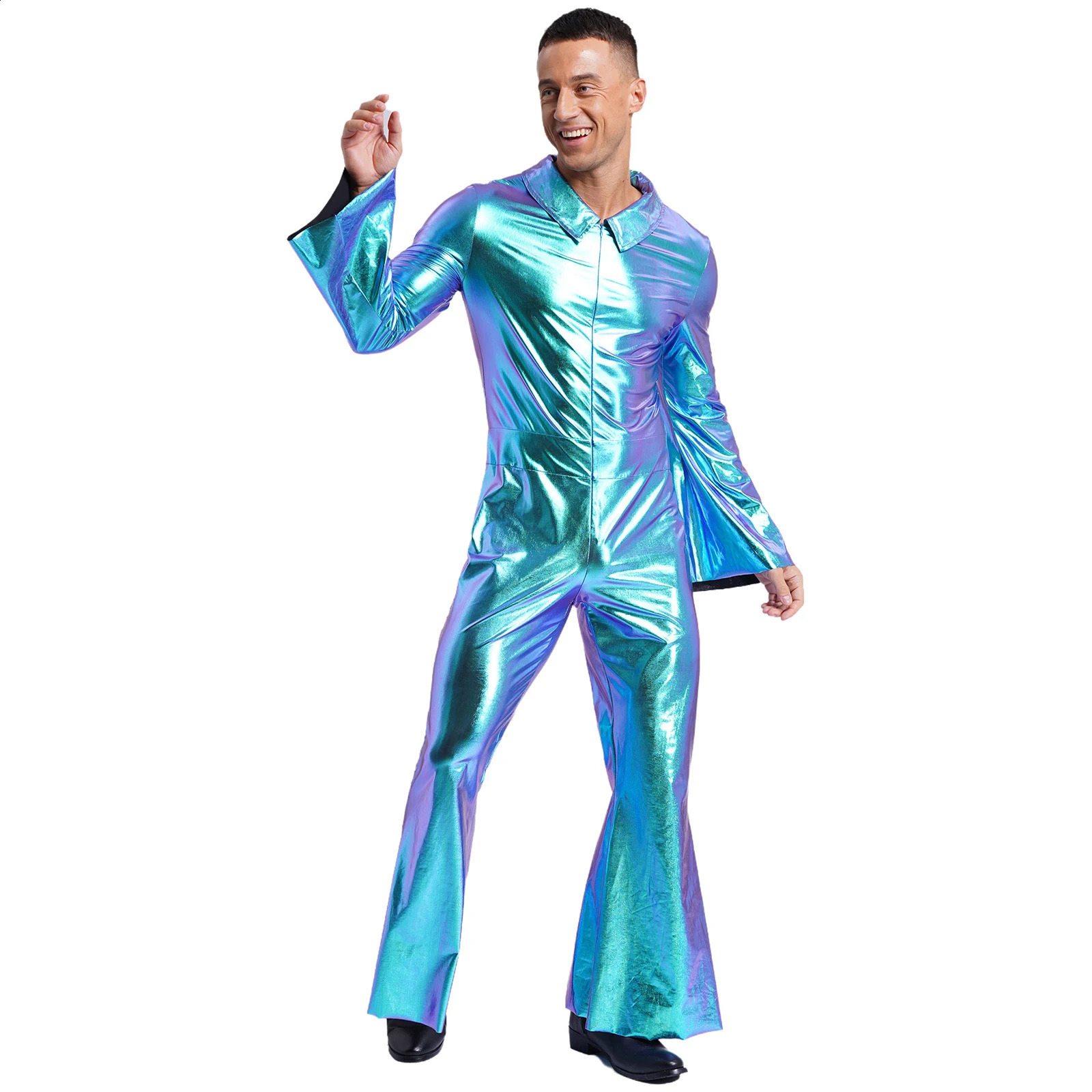 Mens Shiny Metal Disco Set 70s and 80s Hippie Costume Flip Collar Shining Long Sleeve jumpsuit Retro Bell Bottom jumpsuit 240821