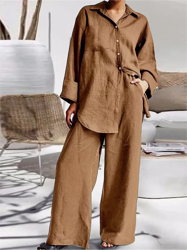 Autumn Winter Cotton And Linen Pant Sets Women Casual Style Solid Color Loose Wide Legs Pants Two Piece Set Clothing Ladies 240820
