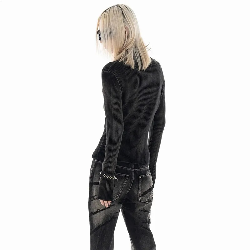 Karrcat Grunge Aesthetics Knitted Top Retro Distressed Pullover Punk Ribbon Jumper American Washed Black Sweater Y2k 240821