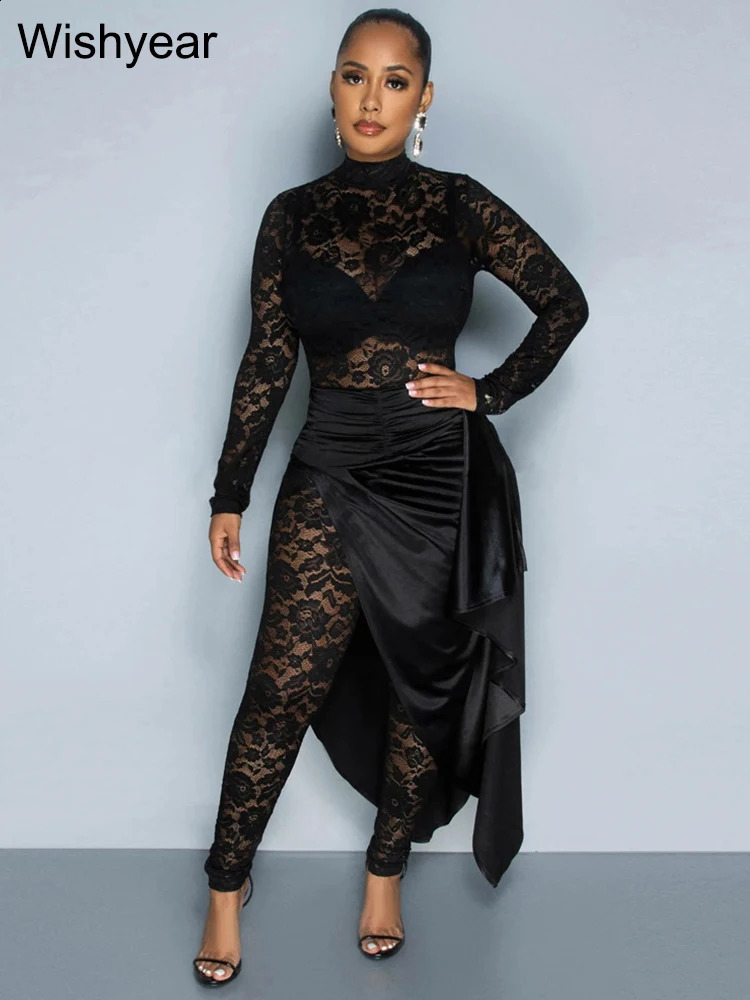 Elegant Lace Long Sleeve Jumpsuit with Skirt Wrapped Hip 2 Two Piece Set Women Spring Sexy Night Club Outfits Birthday Rompers 240820