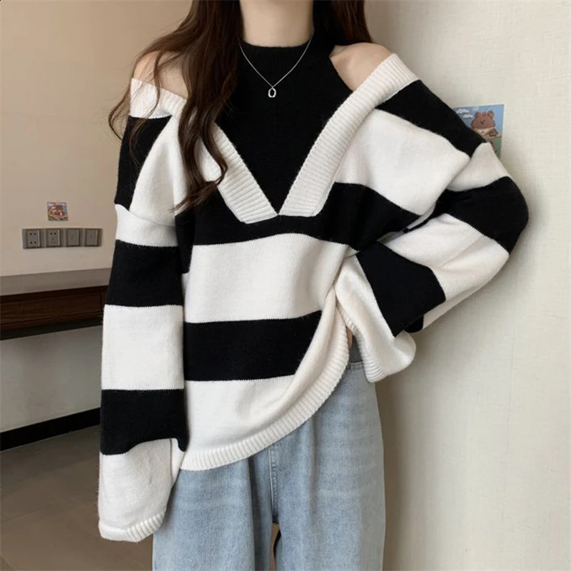 Y2K striped camisole womens sweater Korean knitted loose patch work pullout autumn preparatory style fully matched fashionable top 240821