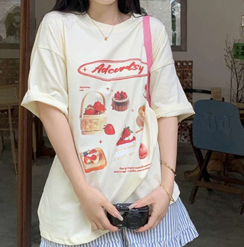 Strawberry Chic Print for Women Japanese Haruku Short Sleeve O Neck Streetwear T-shirt Large 3XL Summer Woman T Shirts