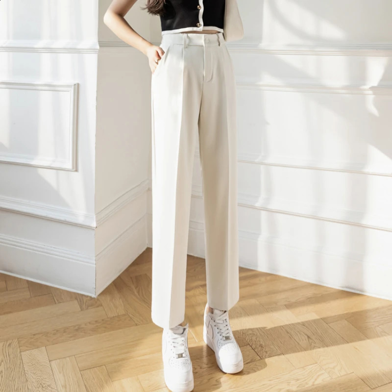 Korean High Waist Nine Point Trousers Female Fall Summer Casual Loose Office Lady Suit Pants Egegant Solid Color Work Pant 240821