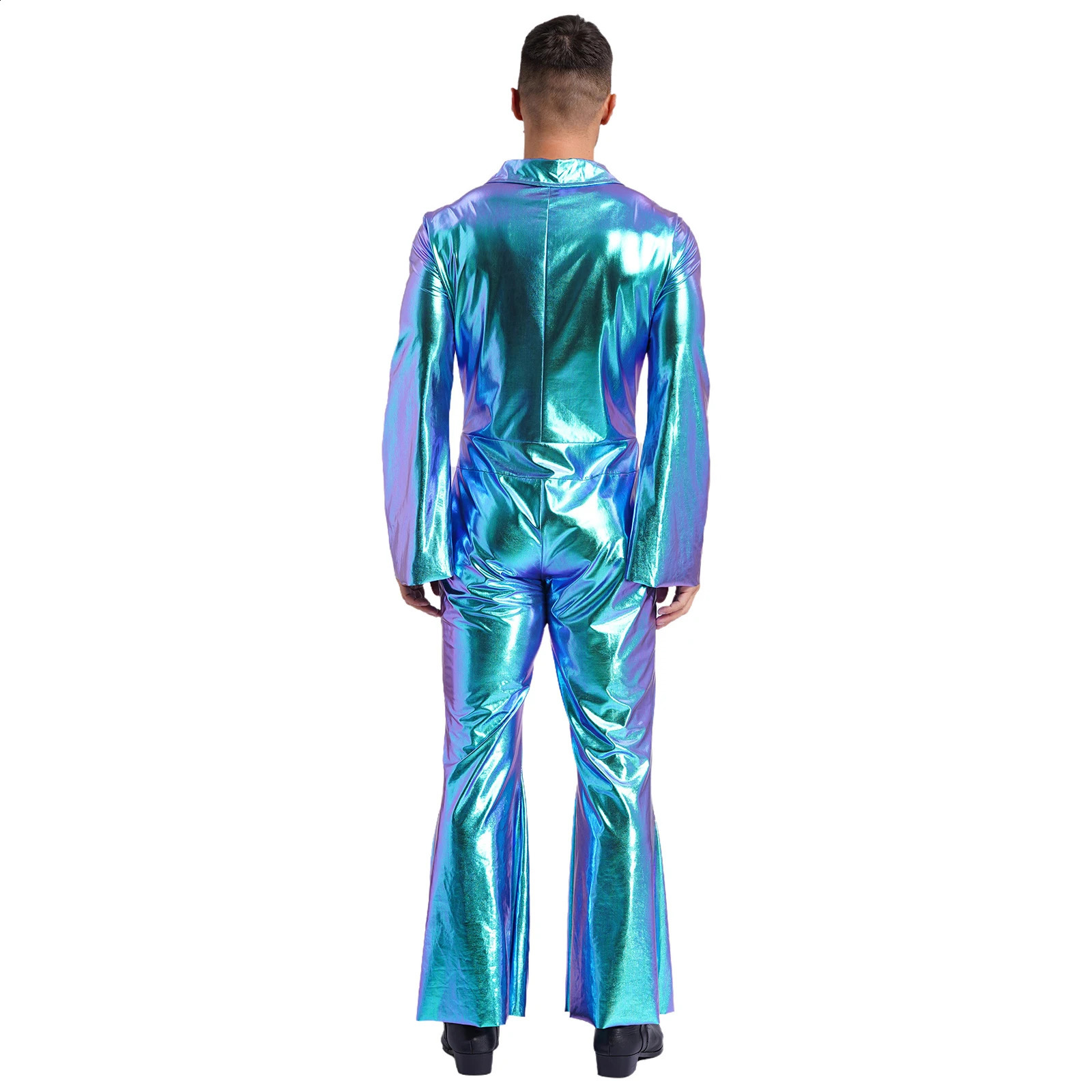 Mens Shiny Metal Disco Set 70s and 80s Hippie Costume Flip Collar Shining Long Sleeve jumpsuit Retro Bell Bottom jumpsuit 240821