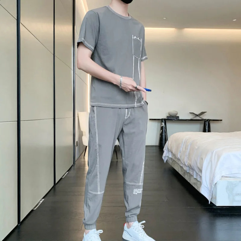Male T Shirt Pants Sets Korean Style Black Fashion Top Slim Fit Fashion Essential Cotton In Matching Xl Clothes for Men 240821