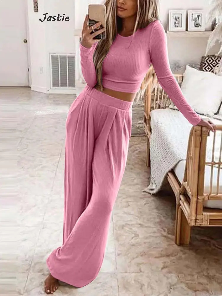 Autumn Solid Two Pieces Suits Women Slim Knit Sweater With Loose Wide-leg Pants Sets Casual Simple Elastic Waist Trousers Suits 240820