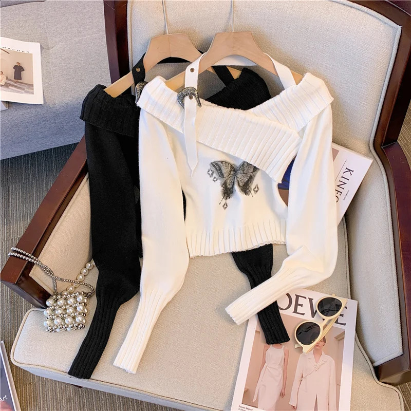 Y2k Aesthetic Butterfly Printed Top for Women Retro Casual Knitted Pulled Diagonal Collar Pendant Jumper Harajuku Grunge Sweater 90s 240821
