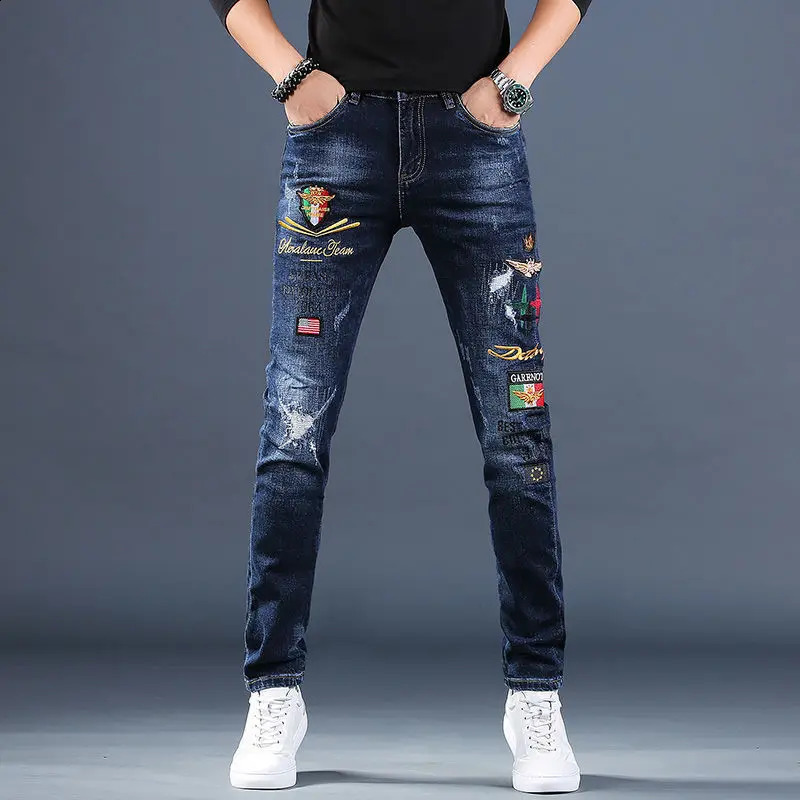 Harajuku Fashion Mens High-end Embroidered Jeans Korean Style Prints Patches Slim Fit Casual Spring Autumn Cowboy Trousers 240821