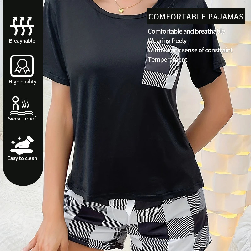 Summer two-piece plain weave pajama set for women with printed round neck top and bow plain weave shorts casual pajama set 240807