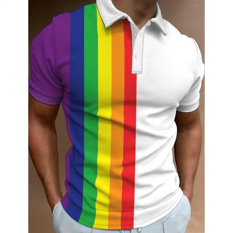 Mens Polo Shirt Gradient rainbow Pattern 3D Prints Top Casual Golf Polo Short Sleeve Polo Shirts Summer Lapel Mesh fabric Polo 240821