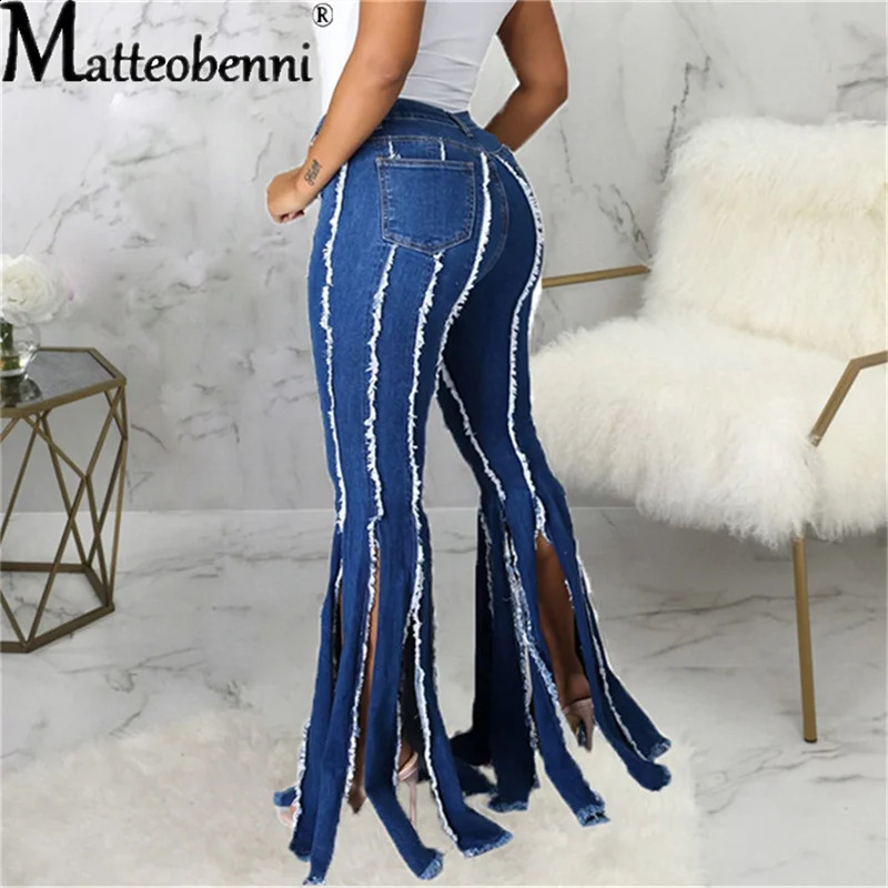 Women Flare High Waist Fringe Hole Denim Skinny Pants Ladies Stretch Female Wide Leg Jeans Bell Bottoms Clothes Z260313