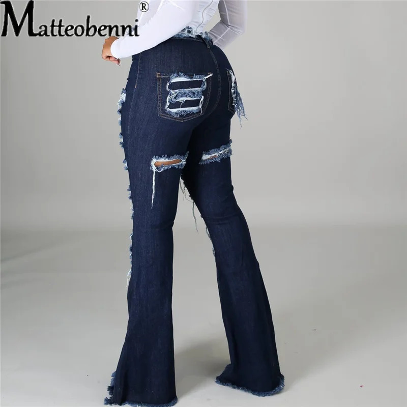 Fashion Women Hole High Waist Ripped Slit Flare Jeans Ladies Black Tassel Denim Trousers Sexy Skinny Bell Bottoms Jean Pants 240821