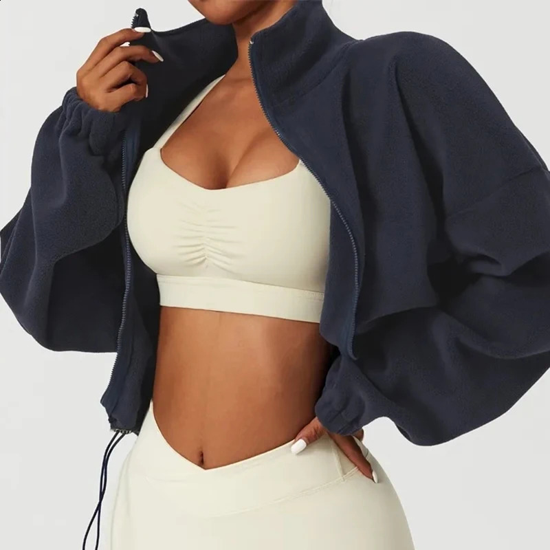 Streetwear Zipper Up Cropped Sweatshirt Women Autumn Casual Long Sleeve Lambs Wool Jacket Woman Drawstring Stand Collar Coats 240821