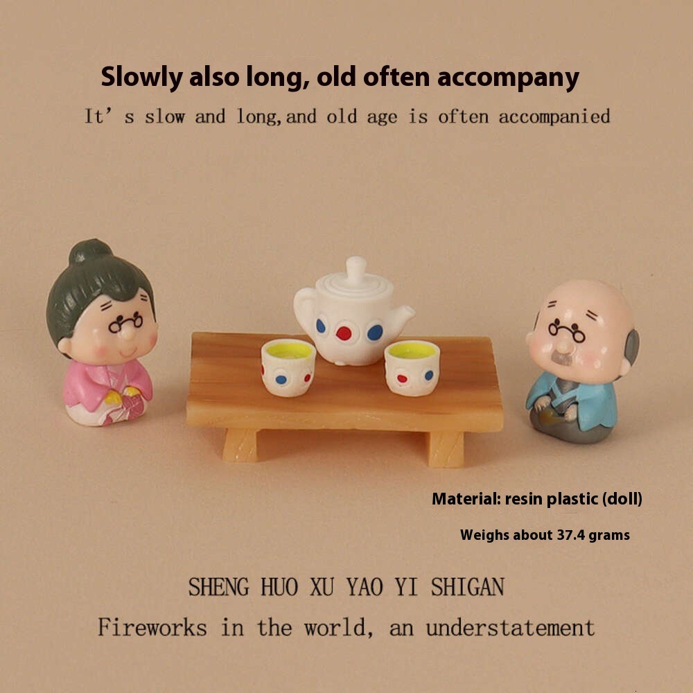 Resin Creative Crafts Mini Tea Set Elderly Doll Office Desktop Small Ornament Micro Landscape Home Scene