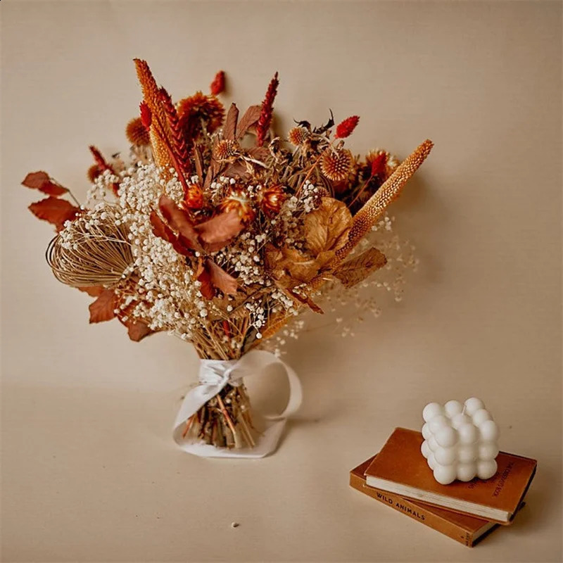 Boho Bride Bouquet Natural Dried Pampas Grass Preserved Rose Wedding Bouquet Fleur Mariage Boho Home Decor Fall Wedding Florals 240821