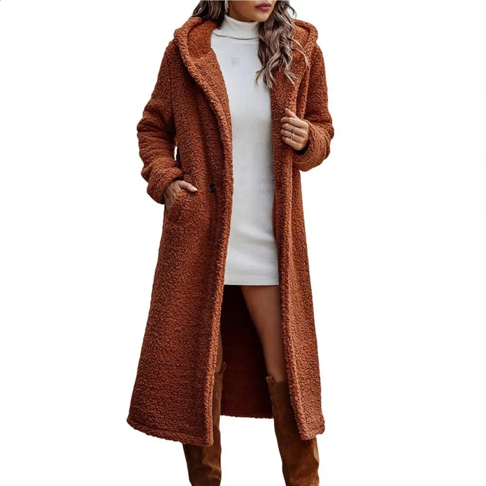 Spring Wool Womens Long Coat Black Hooded Pocket Thick Warm Jacket Female Fleece Trench Trendy Fashion Ladies Clothes 240820 - view 4