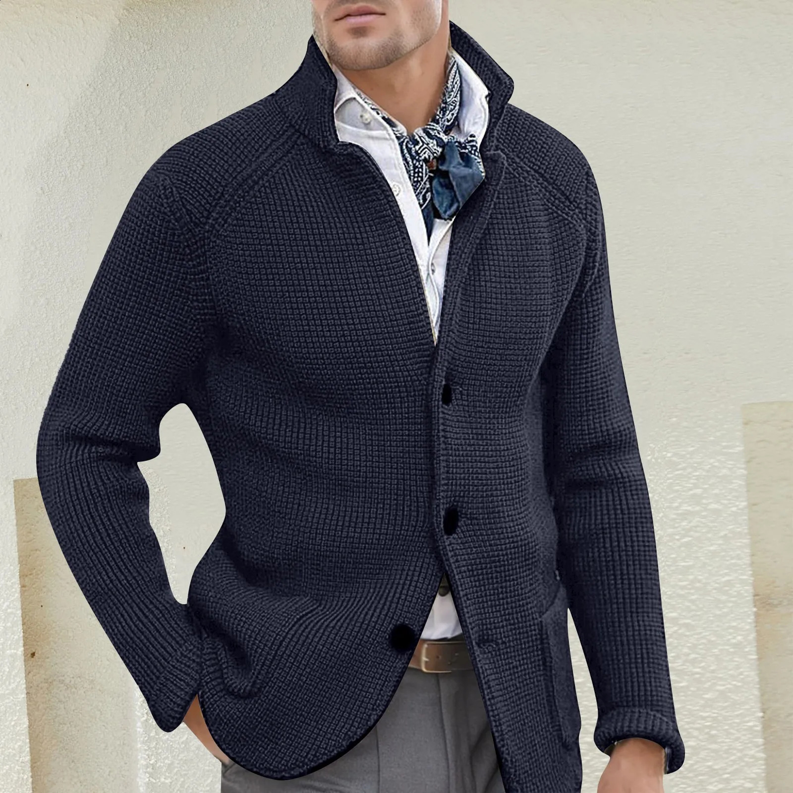 Mens single chest cardigan autumn winter knitted sweater jacket long sleeved stand up collar slim fit top 240821