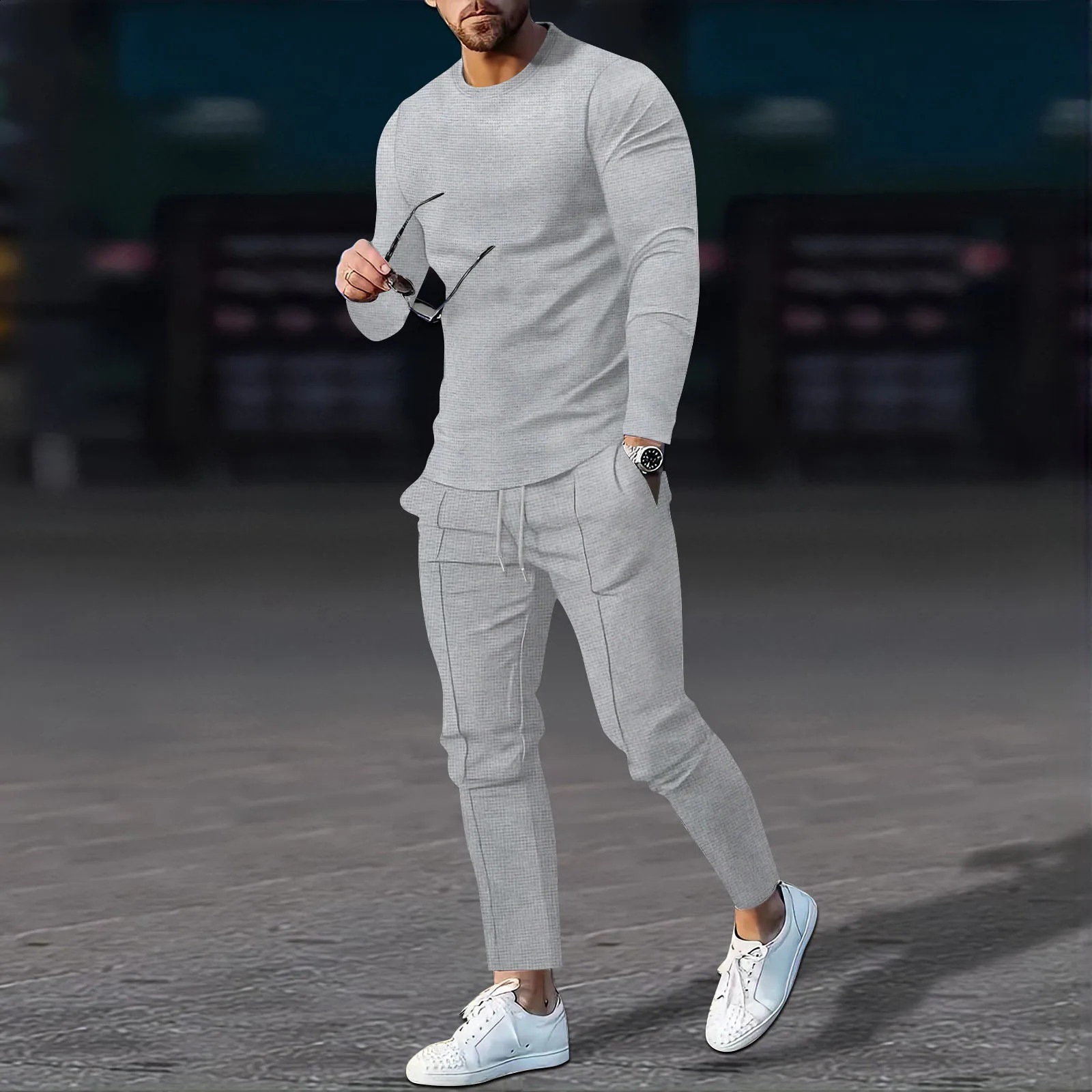 Autumn mens solid color suit waffle round neck long sleeved mens suit 240827