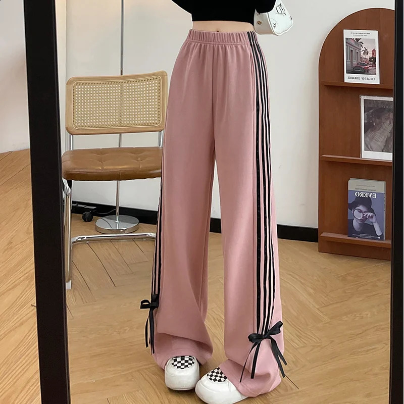 Y2k Pink Striped Sweatpants High Waist Casual Bows Wide Leg Pants Harajuku Trousers Streetwear 240821