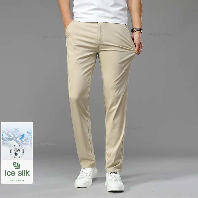 Summer Ultra-thin Mens Ice Silk Casual Pants Soft Comfortable Solid Color Elastic Business Straight Trousers Biege Khaki 240820