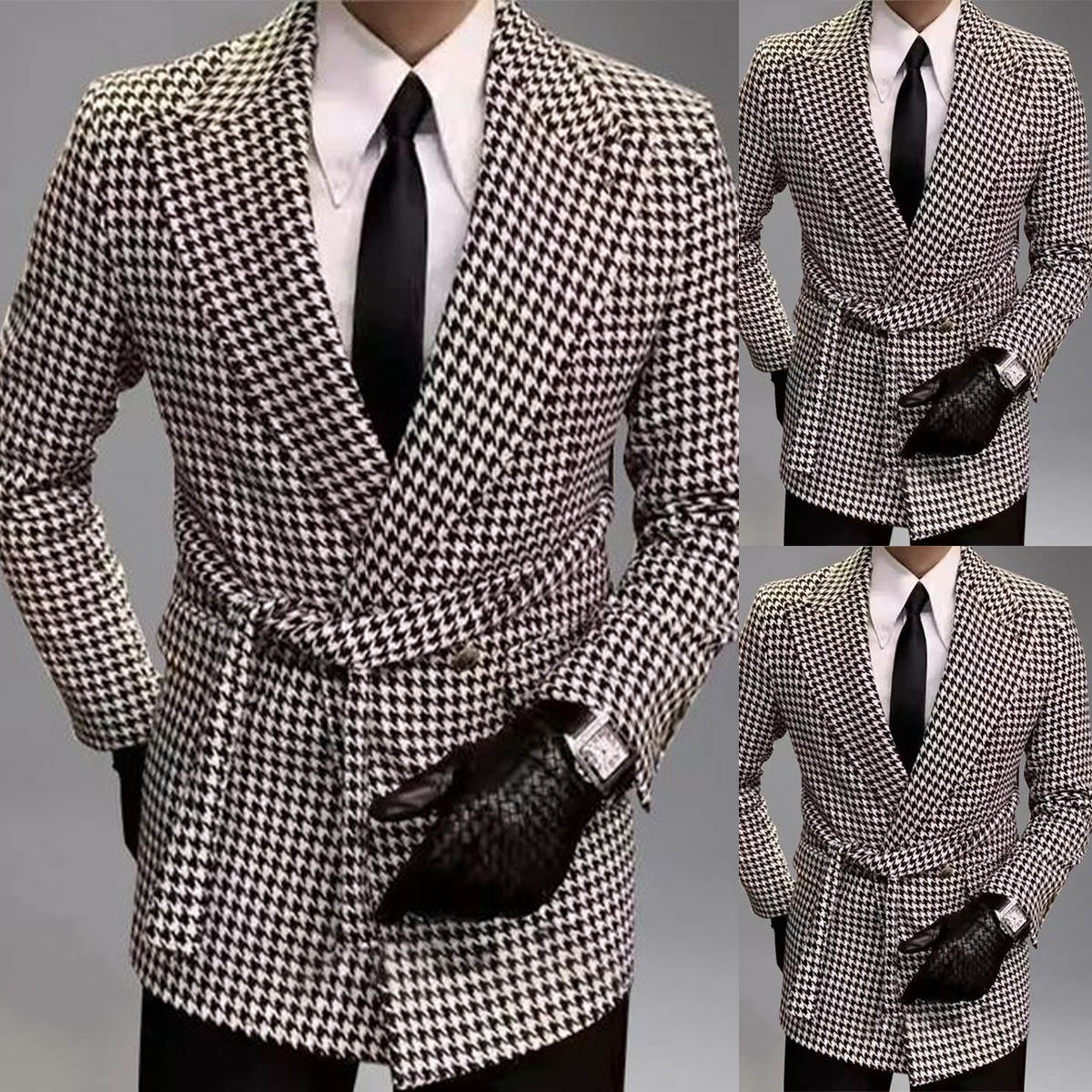 Fashion Men's Suit Casual Peaked Lapel Tailored Blazers with Belt Houndstooth Groom Jacket For Man Custom Made Coat Plus Size
