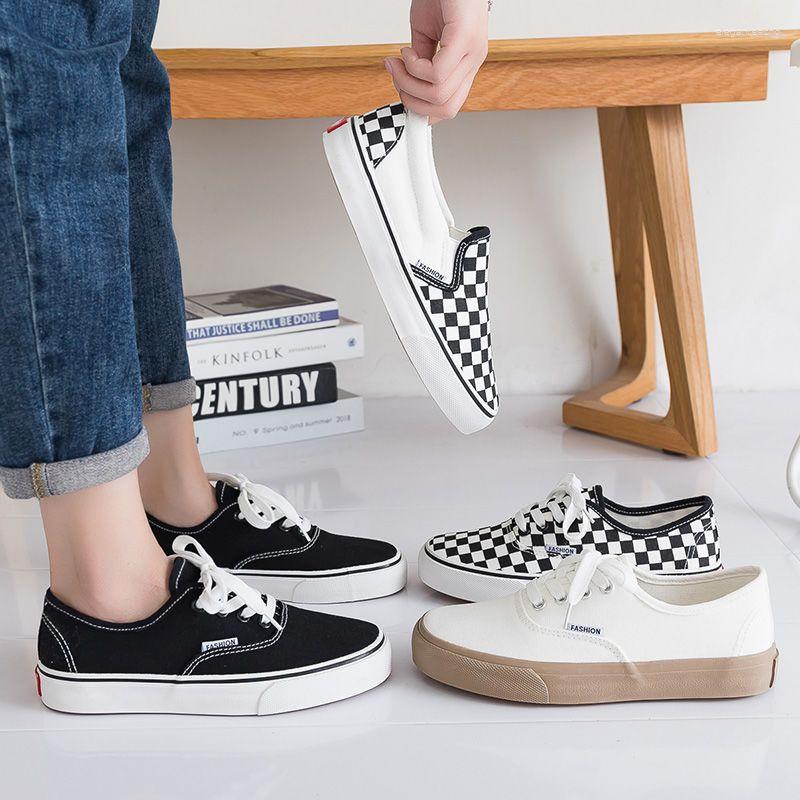 Casual Shoes Black And White Chessboard Plaid Canvas Summer Slip-on Lazy For Women Couple All-match Korean Style Student Single-layer