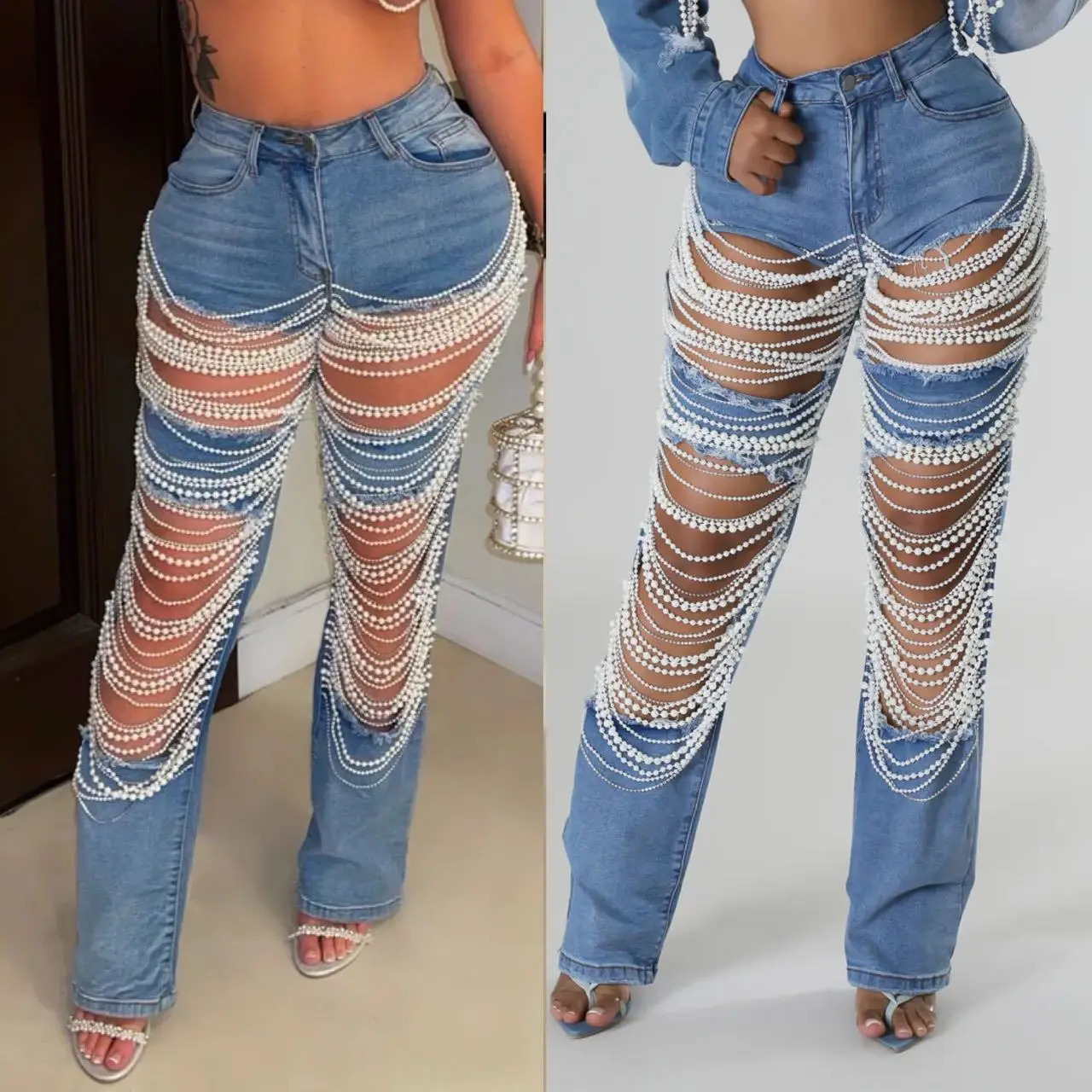 stretch fashion ripped pearl chain decorated jeans 240821