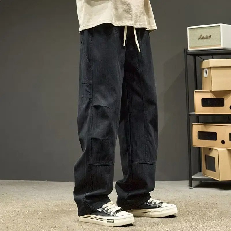 Spring and autumn pure color fashion cotton straight pants mens street casual loose pocket patch work drawer set 240821