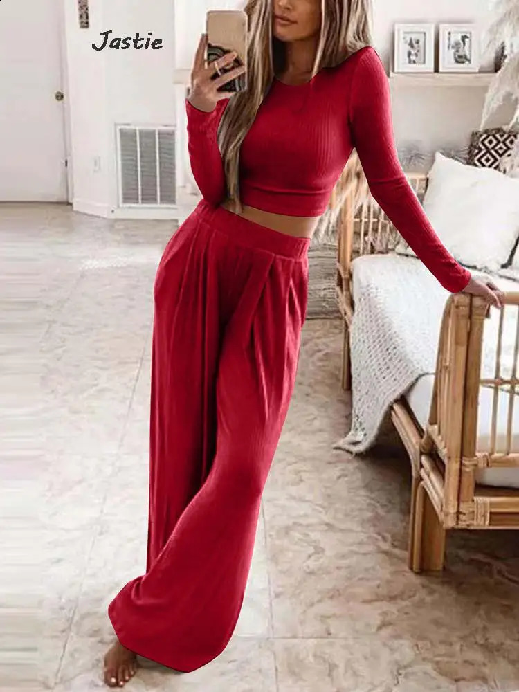 Autumn Solid Two Pieces Suits Women Slim Knit Sweater With Loose Wide-leg Pants Sets Casual Simple Elastic Waist Trousers Suits 240820