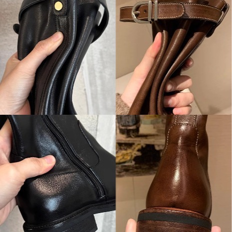 Ddmysports Grape Mom S Same Washed Horseskin Round Toe Thick Heel Raised Legs Straight And Long Leg Knight Boots For Women Autumn Winter OUTDOOR