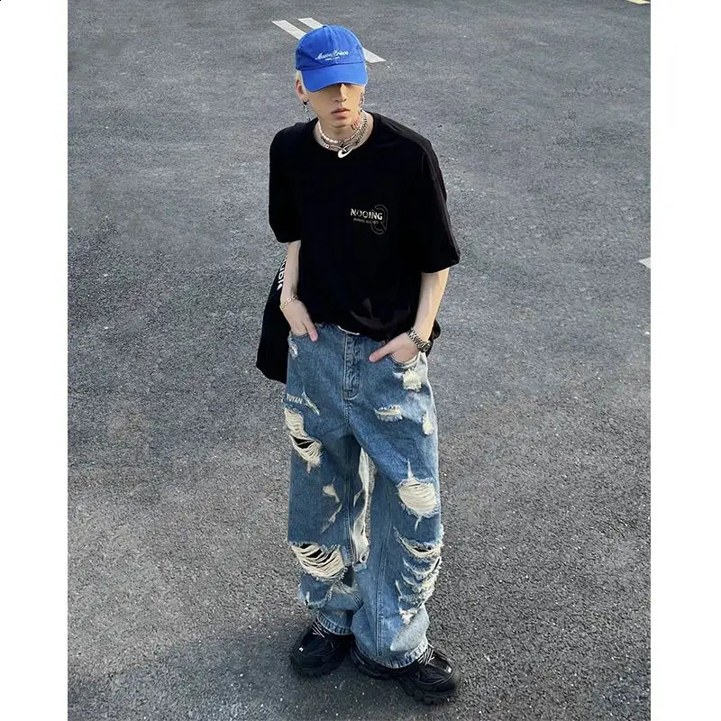 Blue hole n high street high waisted jeans men y2k baggy hip hop fashion trend straight wide leg pants vintage 240821