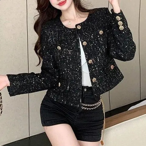 Short Jackets for Women Small Fragrance Spring Autumn Vintage Fashion Tweed Jacket O Neck Sequin Button Up Coats C31 240821