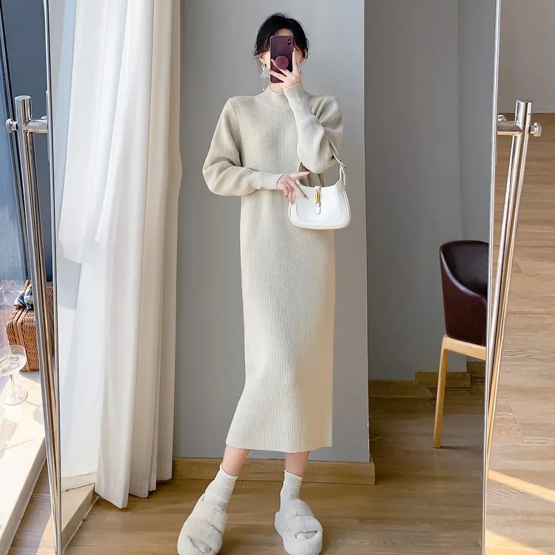 Elegant Long Straight-leg Sweater Dress For Women Autumnwinter Korean Style Coat Inner Layer 240821