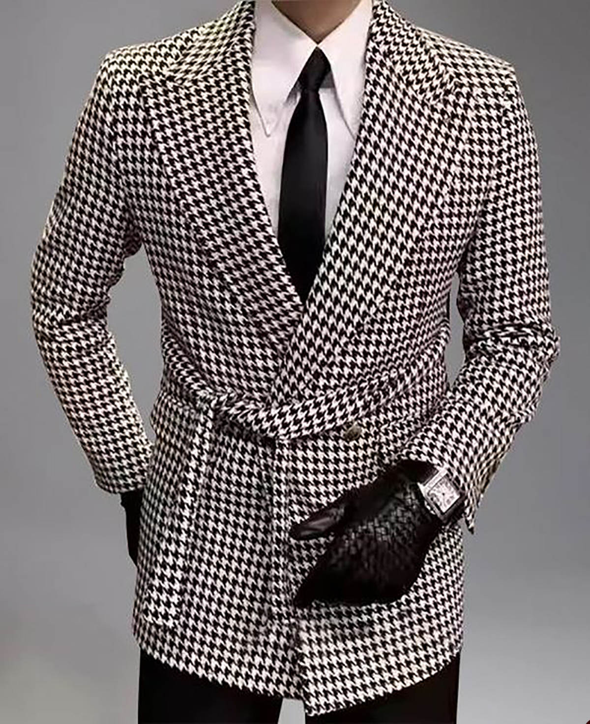 Fashion Men's Suit Casual Peaked Lapel Tailored Blazers with Belt Houndstooth Groom Jacket For Man Custom Made Coat Plus Size