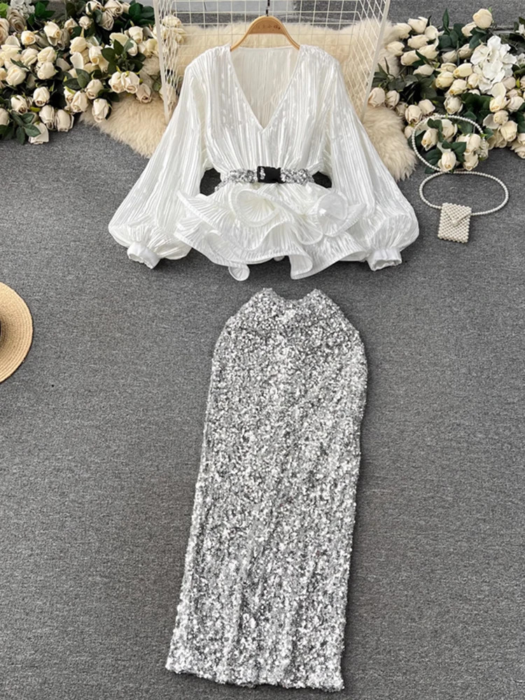 XFPV Women V-Neck Lantern Sleeve Ruffles Pleated Top Temperament High Waist A-line Skirt Two Piece Set Summer SM10901 240820