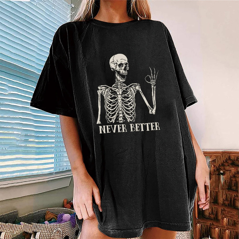 Halloween shoulder Tshirt casual retro will never be better skull print crew collar loose short sleeved fashion top womens clothing 240820