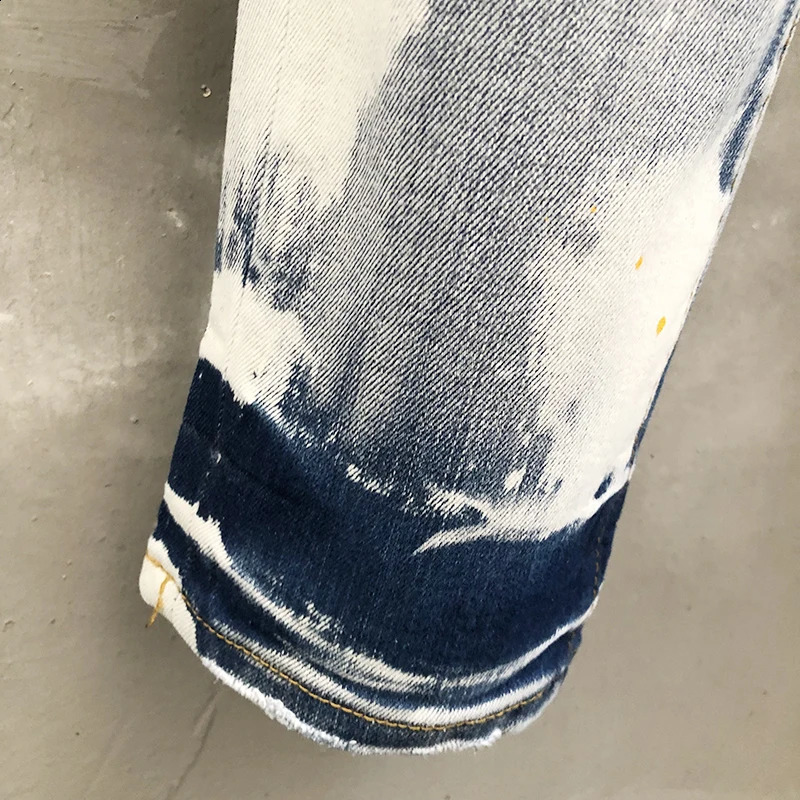 Street Retro Skinny Jeans Men Paint Inkjet White Jean Blue Motorcycle Pants Streetwear Trousers Stretch Pantalon Vaqueros Hombre 240821