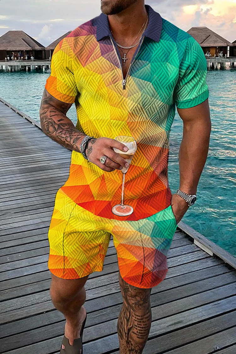 Summer Mens Set Fashion Casual 3D Printing V-Neck Zipper Short Sleeve POLO Shirt Shorts Mens Set 2 Pieces Mens Clothing 240820