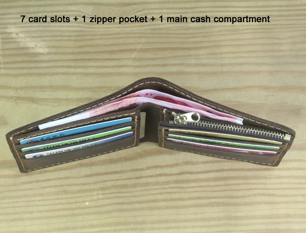 Handmade Genuine Leather Men Wallet Bifold Purse Male Wallets Short Money Clip Vintage Leather Money Bag with zip pocket 241224
