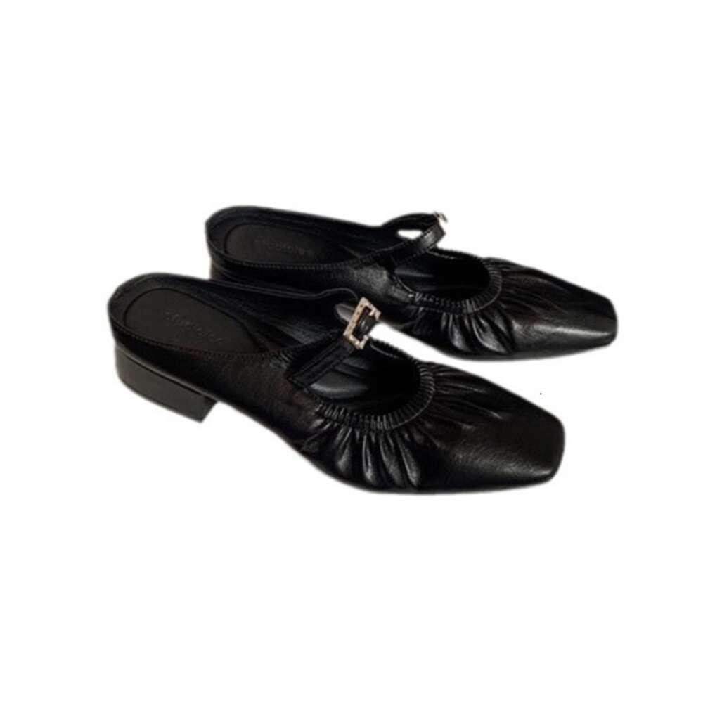 Ddmysports Grape Mama S Same Style Muse Girl French Square Eaded Folded One Foot Pedal Water Diamond Buckle Belt Muller Genuine Leather Alf Slippers O