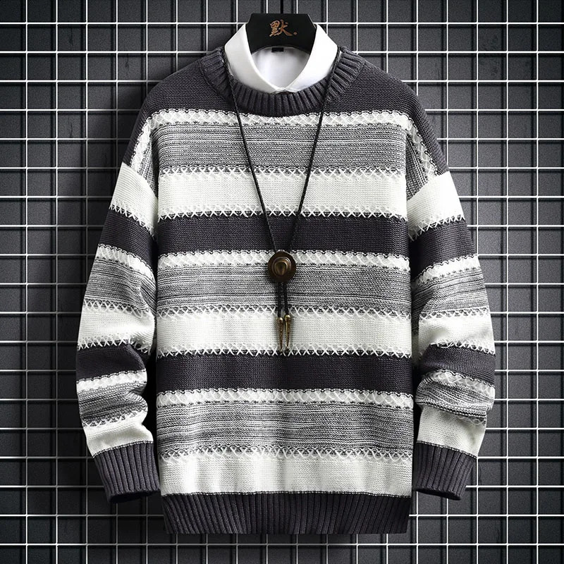 Mens Autumn Winter Pullover Mens Fashion Korean Casual Loose Striped Thicken Knitted Sweater Street Outdoor Warm Sweatshirt 240821