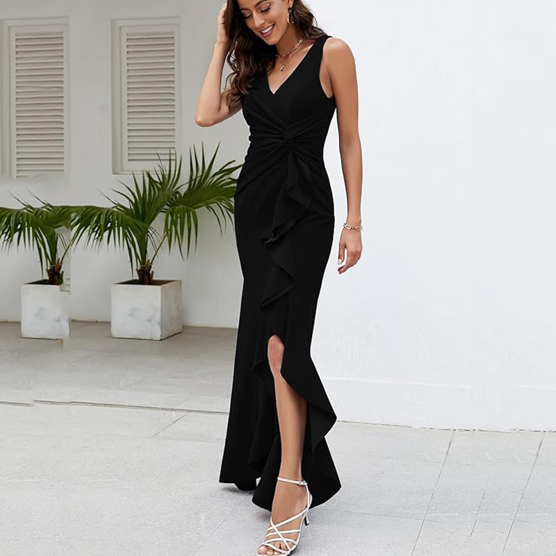 Long Black Evening Gowns for Women Formal Dresses for Women Evening Party Elegant V Neck Sleeveless Split Wrap