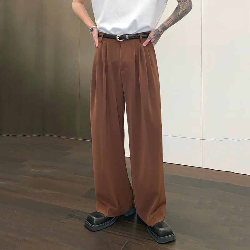 IEFB Korean Style Chic Drape Straight Suit Pants Men Loose Simple Solid Color Wide Leg Casual Floor Mop Trousers Autumn 9C6900 240820