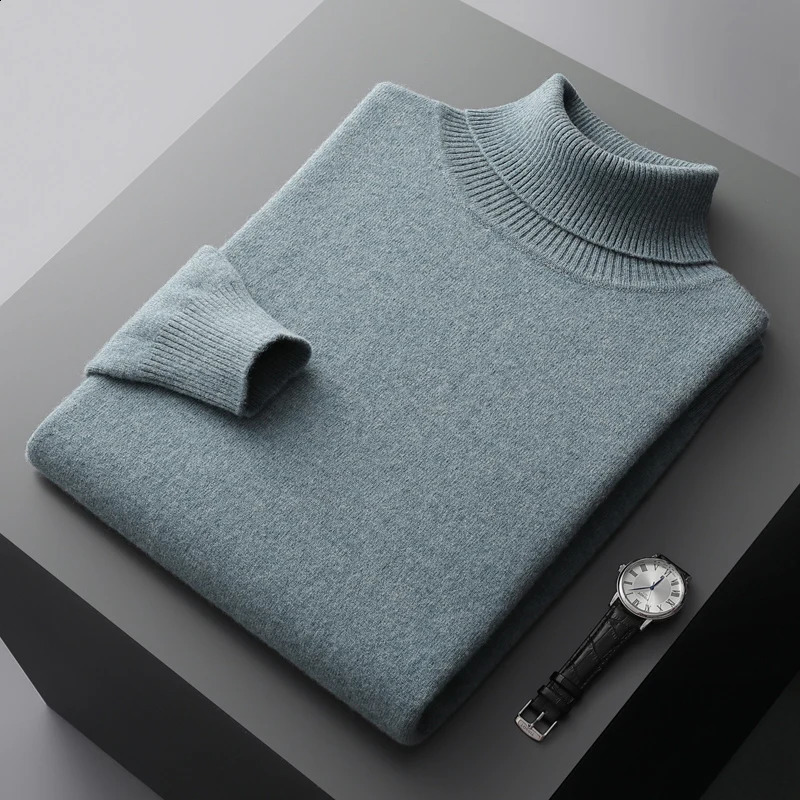 Autumn and winter 100% pure merino wool pullover mens turtleneck cashmere sweater thickened warm loose solid color top 240821
