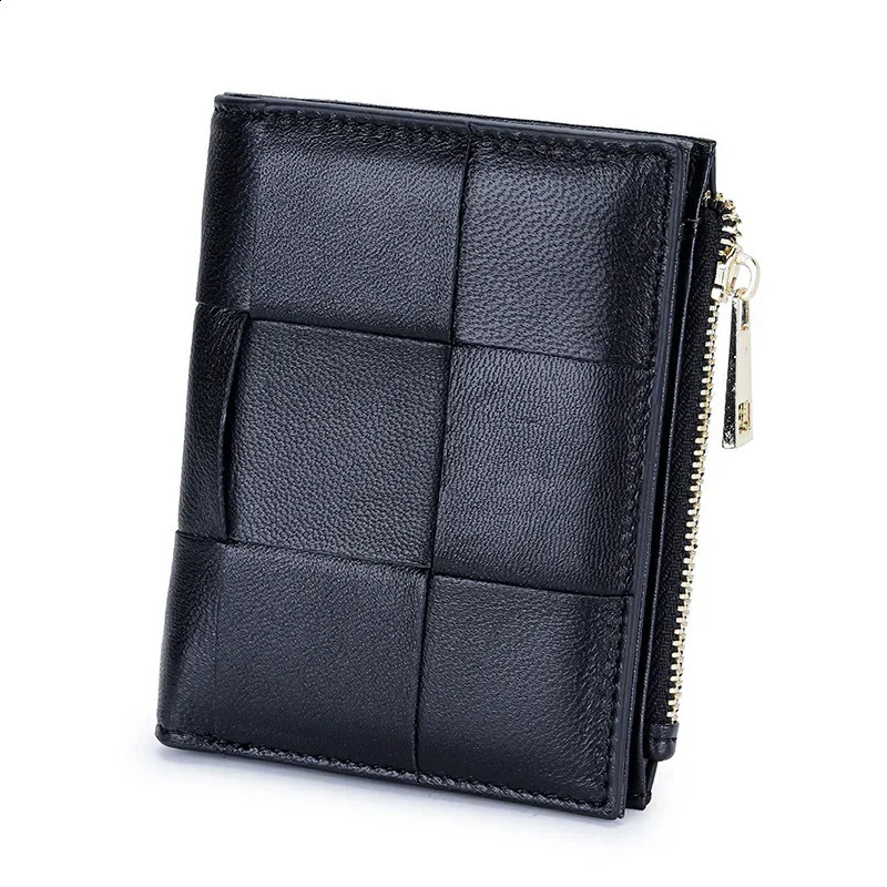 Fashion Knitting Short Wallet for Women Genuine Sheepskin Leather Zipper Coin Purse Female Fashion Money Clip 240820