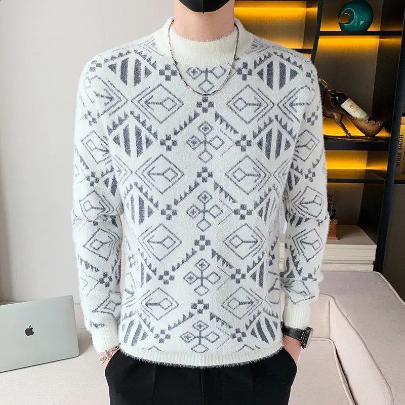 Mens Autumn Winter Korean Slim Trendy Sweater Round Neck Standard Bottom Printed Long Sleeved Pullover Casual Knitted Tops 240821