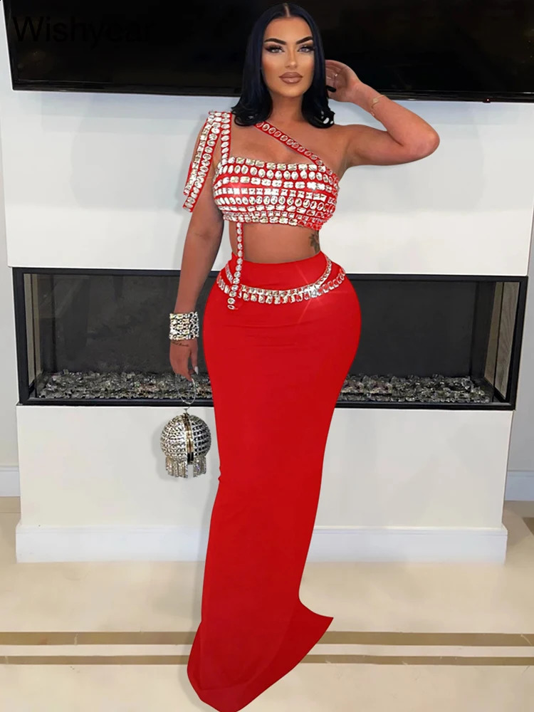 y Celebrity Evening Club Womens Sexy Black One Shoulder Diamond Long Skiing and Crop Top Two Piece Set 240821