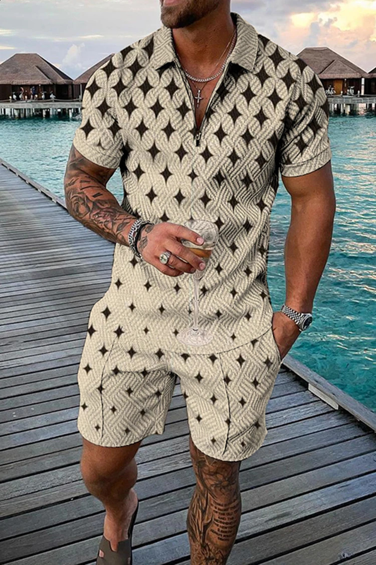 Summer Mens Set Fashion Casual 3D Printing V-Neck Zipper Short Sleeve POLO Shirt Shorts Mens Set 2 Pieces Mens Clothing 240820