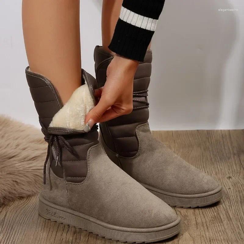 Boots 2024Platform Mid-calf Womens Winter Warm Plush Suede Snow Waterproof Designer Flats Lace Up Cotton Shoe