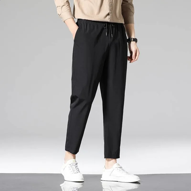 Mens Summer Silk Casual Pants Thin Sports Tights Straight Leg Nine Point 240821